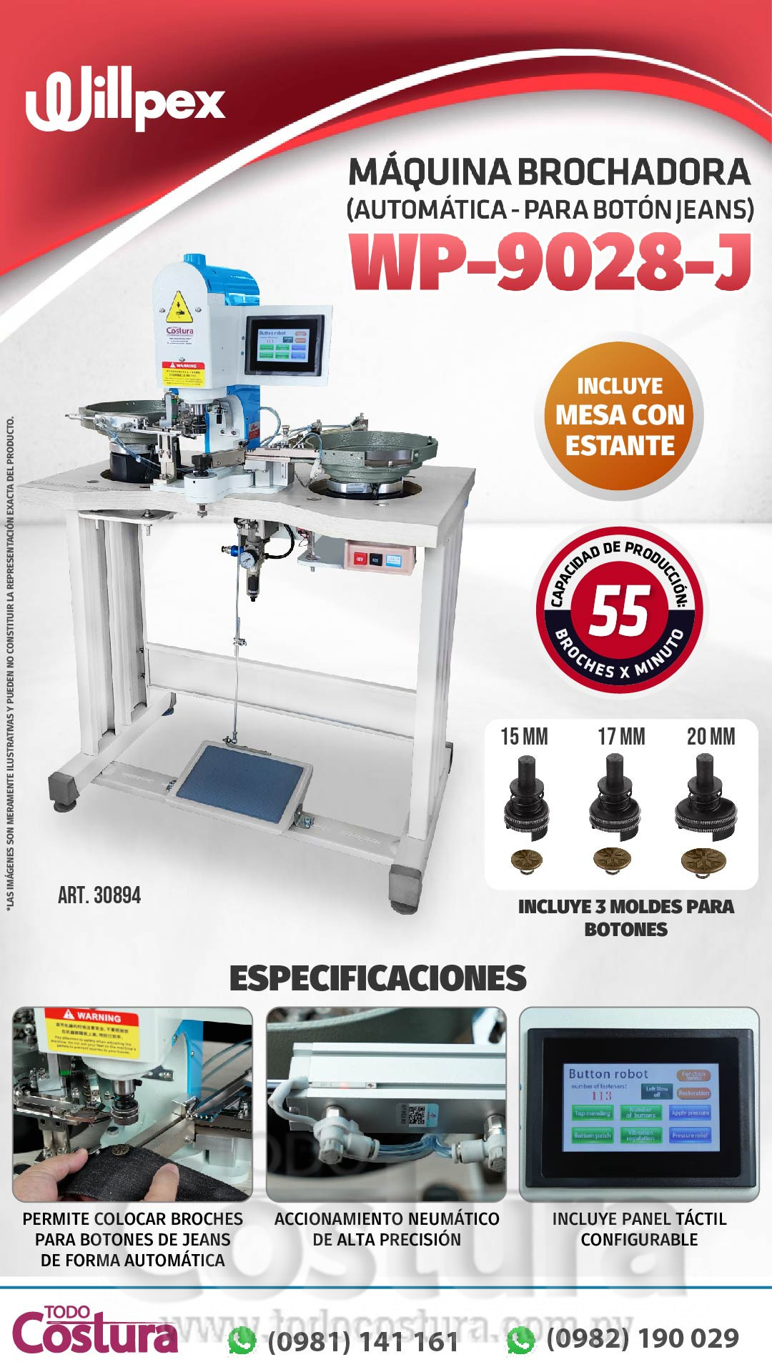 MAQUINA BROCHADORA (AUTOMATICA - PARA BOTON JEANS) WILLPEX WP-9028-J (CON MESA Y ESTANTE)